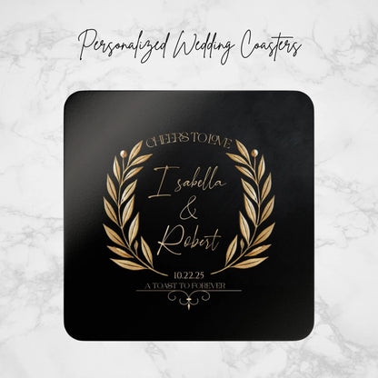 Personalized Wedding Coaster Set | Custom Name & Date Coasters | Elegant Wedding Favors for Guests | Art Deco Engagement Party Keepsake