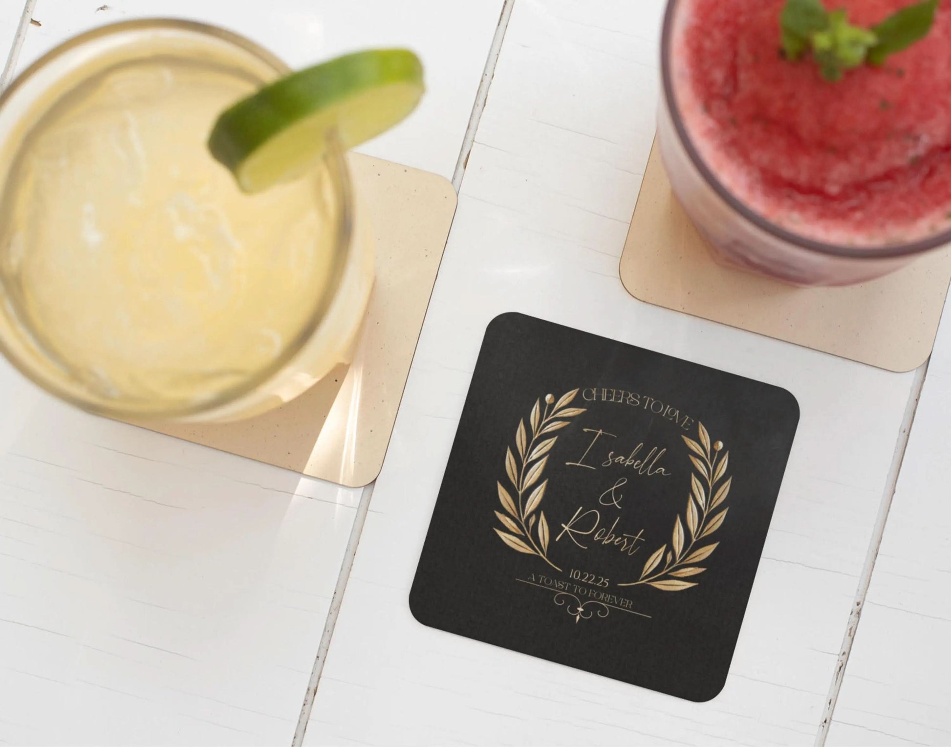 Personalized Wedding Coaster Set | Custom Name & Date Coasters | Elegant Wedding Favors for Guests | Art Deco Engagement Party Keepsake